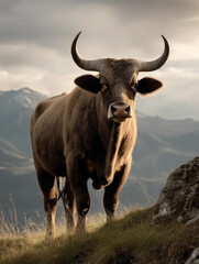 A bull with big horns stands on a mountain