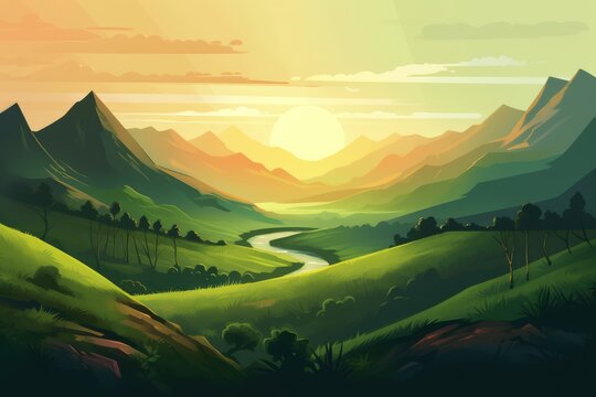 A cartoon image of a green mountain landscape
