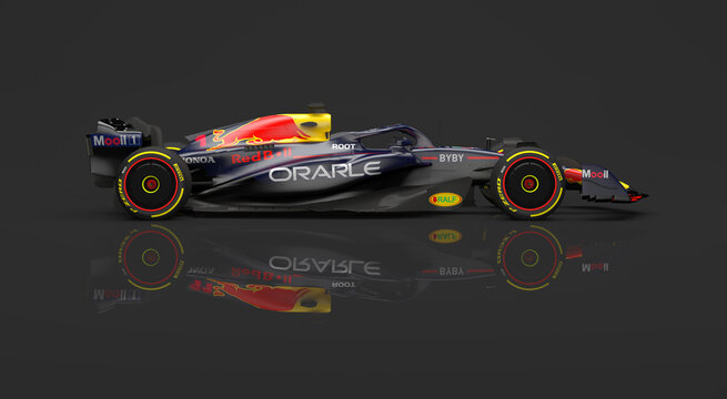 red bull rb19 f1 car 2023 start number 1 in a dark reflective studio
