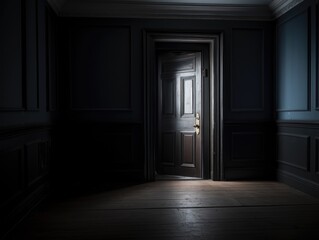 A dark room with a door