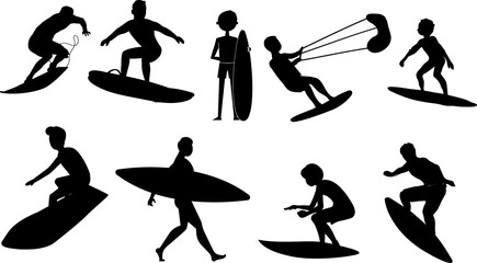 A big set of high quality silhouettes of a surfer on his surfboard