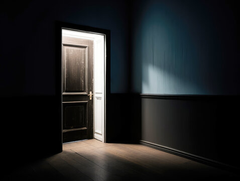 A dark room with a door