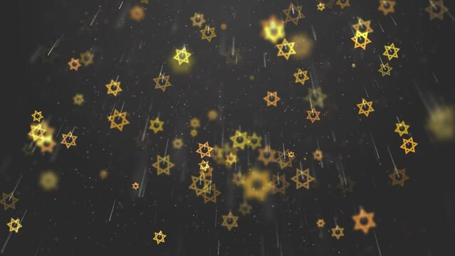Gold Stars of David rotate and fly down on dark grey background. Animation with state symbols of Israel. Jewish traditional signs. Looped motion graphic.