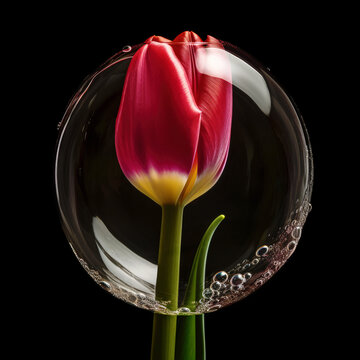 A tulip balb being inside a bubble