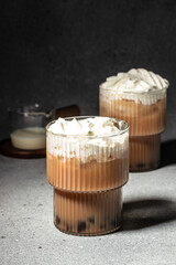 boba tea, Taiwan milk tea with boba, vertical image. place for text