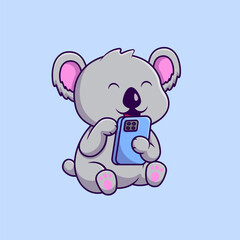 Cute Koala Playing Phone Cartoon Vector Icons Illustration. Flat Cartoon Concept. Suitable for any creative project.