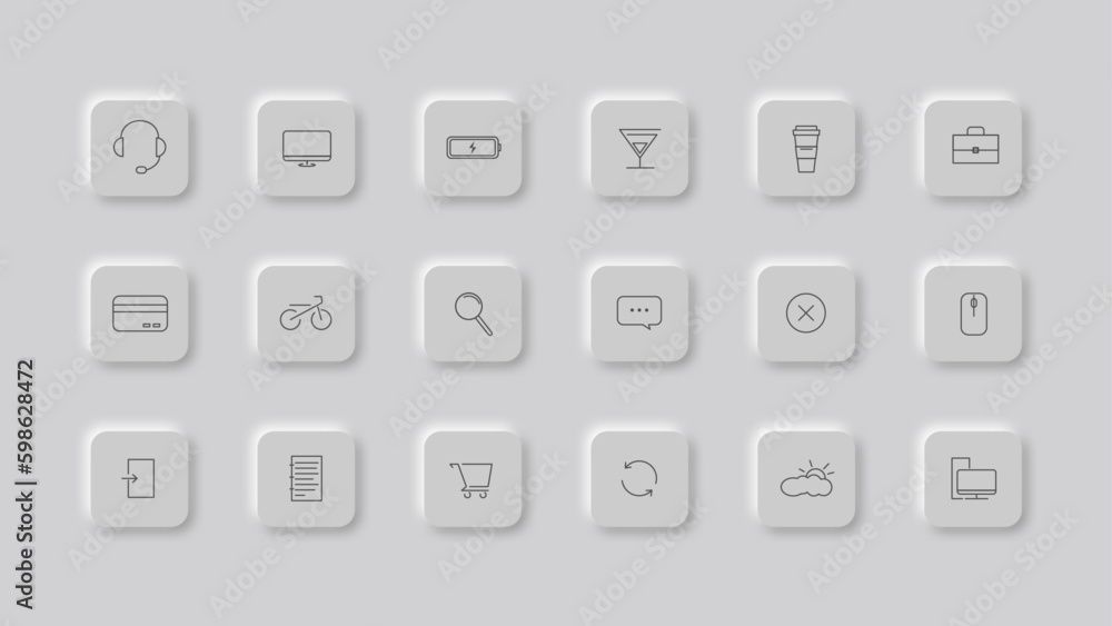 Poster 18 neumorphism web buttons and icons. vector icon set.