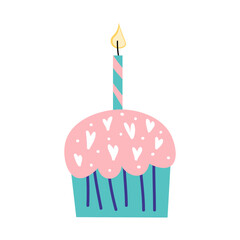 Cupcake with a candle on a birthday, flat. Vector illustration. EPS