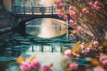 Colorful watercolor painting of abstract flowers near a canal bridge in spring. Generative AI