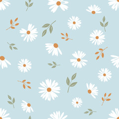 Seamless pattern with daisy flower and green branch on green mint background vector.