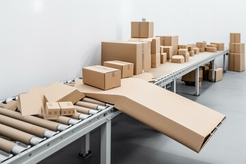 Conveyor system for package delivery and shipping with cardboard boxes isolated on white background. Generative AI
