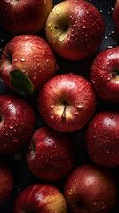 Fototapeta na wymiar Fresh red apples in water drops on dark background. Pro studio shot. Digitally generated AI image