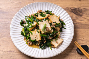 厚揚げと豚ミンチのニラ炒め