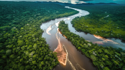 Aerial view of Rio Churun River flowing amidst Amazon rainforest. Venezuela. Generative AI