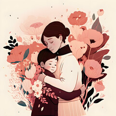 Illustration of a woman with children on Mother's Day