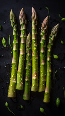 Fresh tasty asparagus in water drops on dark background. Pro studio shot. Digitally generated AI image