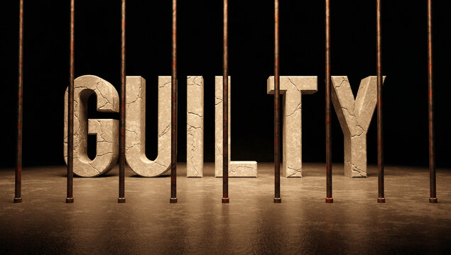 Guilty text word behind bars, in jail behind bars concept wide banner
