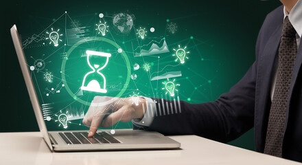 Business hand working on laptop, successful business concept