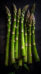 Fresh tasty asparagus in water drops on dark background. Pro studio shot. Digitally generated AI image