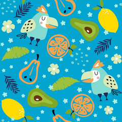 Seamless pattern with cute birds, flowers, leaves and fruits