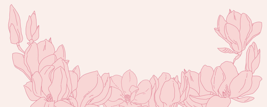 Magnolia flowers in bloom frame border template. Hand drawn realistic detailed vector illustration. Pink line filled clipart.