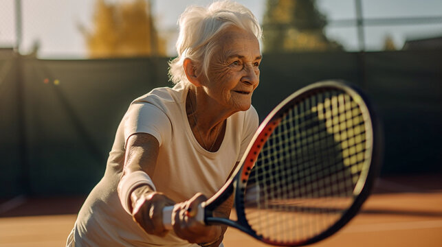 An elderly woman playing tennis on a sunny day, hitting a powerful backhand shot with two hands - ai generative