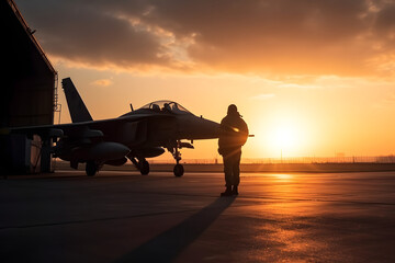 Fototapeta na wymiar sunset back view of military fighter jet pilot beside parked military airforce plane next to barracks or hangar