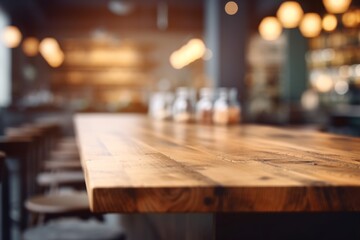Empty Wooden Table Top with Blurred Interior Background: Natural Wood Created with Generative AI