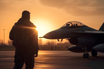 sunset back view of military fighter jet pilot beside parked military airforce plane next to barracks or hangar