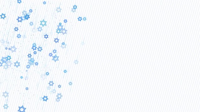 Animated blue Stars of David falling down on white background with stripes. Jewish religious symbols of the state of Israel. Looped video.