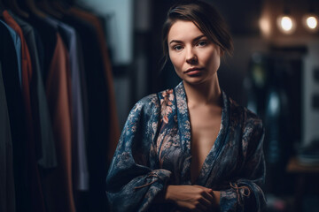 A woman tries on a dress in the seamstress' atelier - ai generative