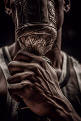 Fototapeta na wymiar A close-up of a black athlete bringing his trophy up to his face to kiss it - ai generative