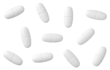 White tablets with half line, isolated on white background, top view.