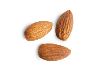 Almonds isolated on white background, top view.