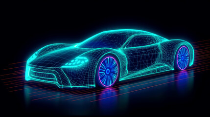 Obraz na płótnie Canvas Futuristic sport car concept in neon colors. Future transportation. Driverless autonomous vehicle. Self driving car technology. Generative AI.