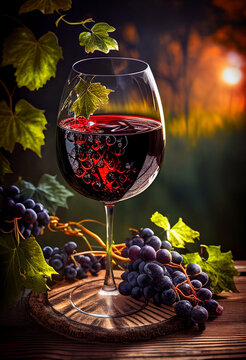 Glass with red wine and a bunch of grapes. AI Generated