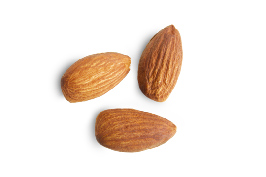 Almonds isolated on white background, top view.