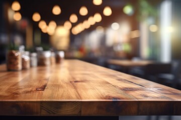 Empty Wooden Table Top with Blurred Interior Background: Natural Wood Created with Generative AI