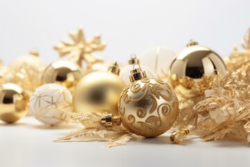 Golden holiday decorations on a white background on a Christmas greeting card in 3D. Generative AI