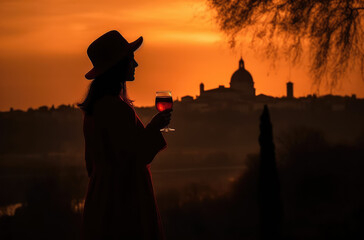 Delight in the enchanting scene of a woman tasting a glass of red wine against the backdrop of an Italian landscape at sunset. Wine tasting of Italy concept AI Generative