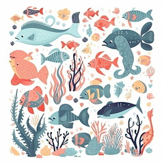 cute underwater sea animals on  white background