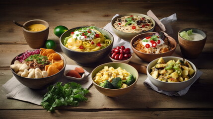healthy food dishes, on wood background
