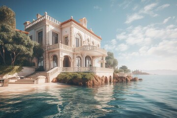 Fototapeta na wymiar Luxury seaside villa with pool and stunning architecture. Generative AI