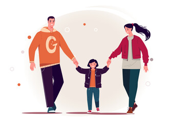 Obraz premium Stroll. Mom and dad hold hands little daughter, happiness and well-being in family. Vector characters flat cartoon illustration.