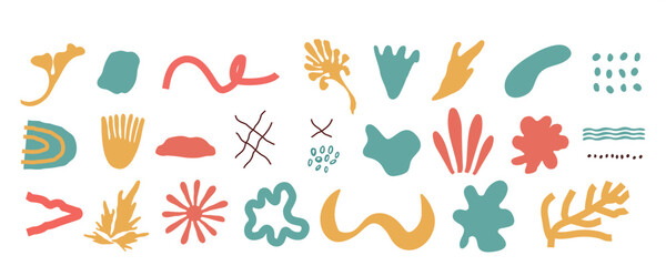 Trendy abstract elements. Flower, line, dot, leaf, rainbow, circle. Simple forms. Hand drawn doodle isolated on white background. For print, banner, paper. Set of  icons. vector art illustration.