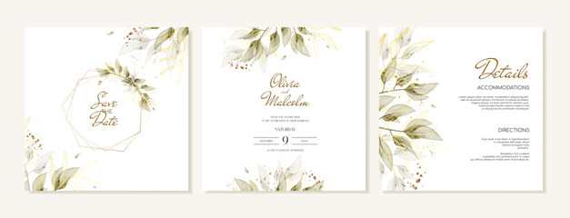 Vector square wedding templates, details with watercolor leaves and branches on white background.