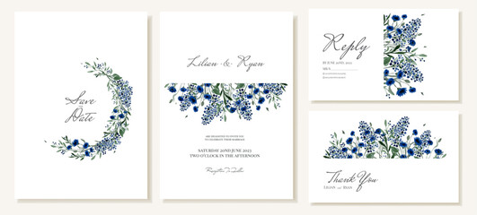 Wedding invitations and thank you cards with summer field blue flowers hand-drawn in watercolor. Vector templates