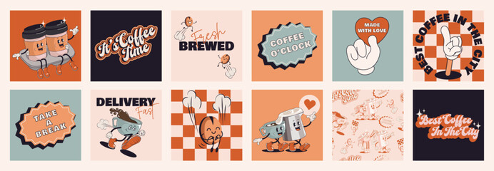 Coffee retro cartoon fast food posters and cards. Comic character slogan quote and other elements for burger bar restaurant. Social media templates stories posts. Groovy funky vector illustration. - obrazy, fototapety, plakaty