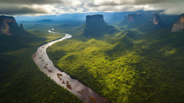 Aerial view of Rio Churun River flowing amidst Amazon rainforest. Venezuela. Generative AI