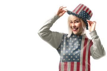 Woman wearing hat with american symbols. Beautiful beauty woman celebrating USA national traditional holiday. White background.